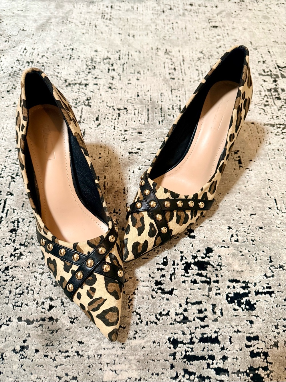 Leopard Print Pointed Toe Studded Heels - Beige/Brown-8